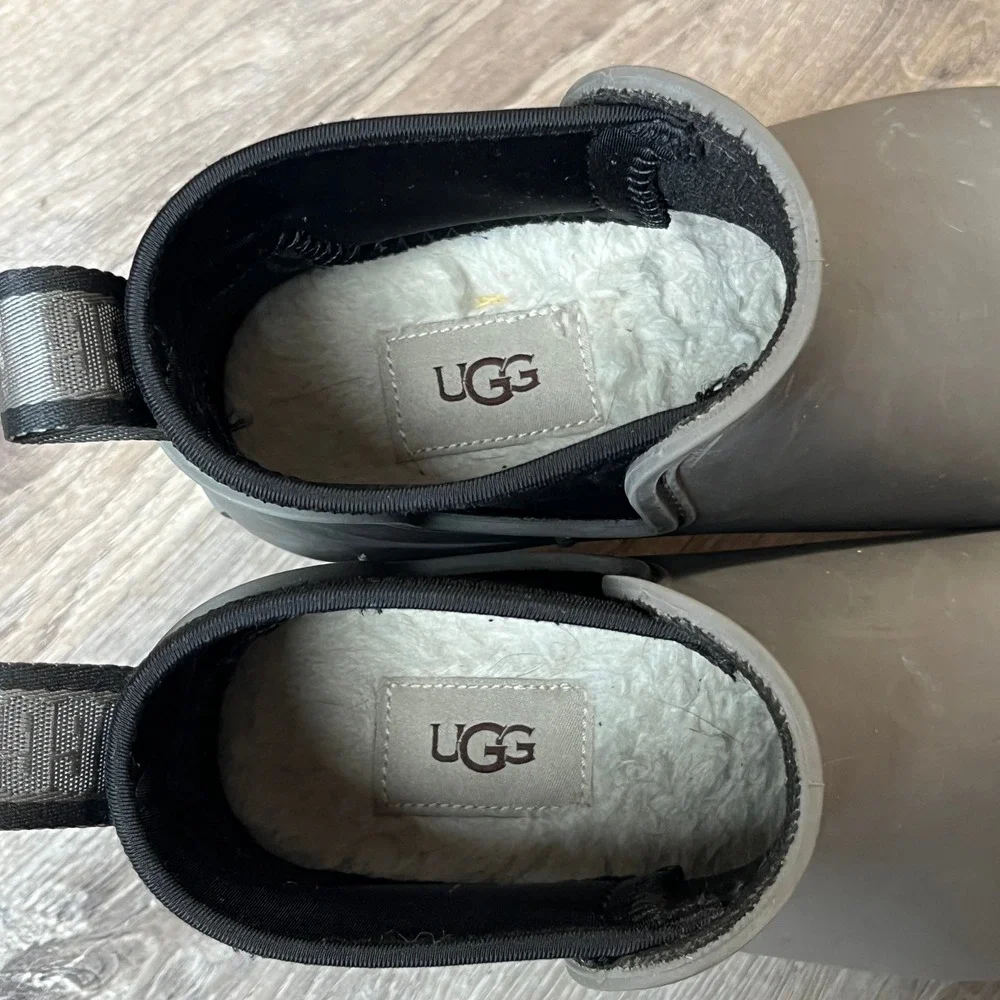 UGG Droplet Waterproof Grey Rubber Ankle Rain Boots with Wool Footbeds Womens 7